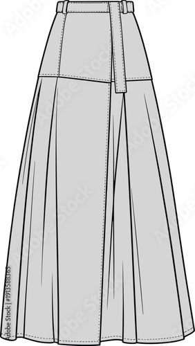 Long pleated skirt technical drawing, front view fashion apparel template, cad drawing flat vector illustration, isolated garment design for clothing production use