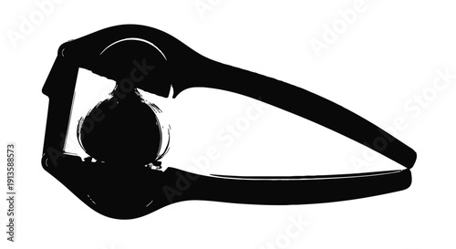A pure black silhouette of a classic garlic press, with a whole or crushed garlic clove clearly visible inside the press, ready for or in the process of pressing.