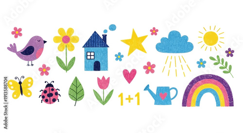 Whimsical Crayon-Style Spring Elements: Bird, House, Flowers, Sun, Cloud, Rainbow
