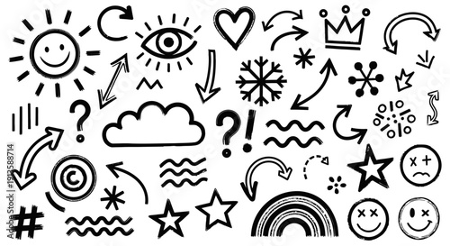 Whimsical Hand-Drawn Doodle Elements: Arrows, Stars, Sun, Cloud, and Emoticons