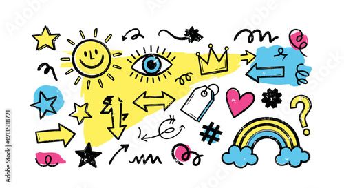 Set of whimsical hand-drawn doodle icons and symbols, vector illustration on white background