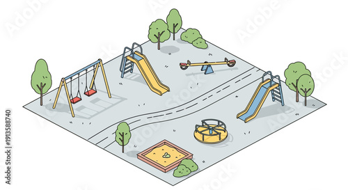 Children's playground with swings and slides.