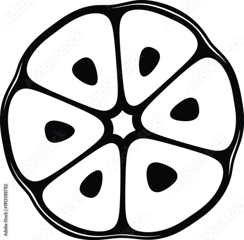 A pure black silhouette of a garlic clove cut in half, revealing a simplified, stylized cross-section pattern (like a star or simple concentric circles) representing its internal structure.