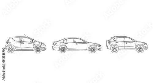 Three different car sketches in a row on white background.