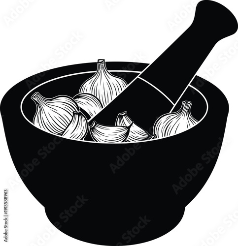 A pure black silhouette of a mortar and pestle, with several garlic cloves or crushed garlic explicitly shown within the mortar, implying the act of mashing or grinding.