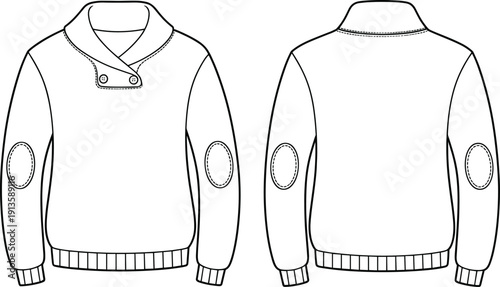 Long sleeve shawl collar sweater technical drawing, front and back view, fashion apparel template, cad drawing flat vector illustration, isolated garment design production