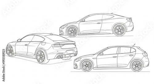 Three outline drawings of modern electric cars.