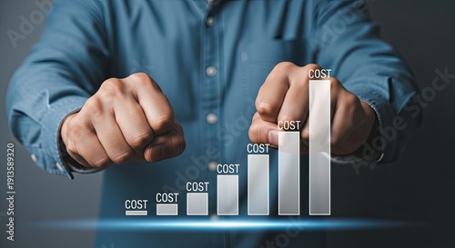 Businessmans hands interacting with a rising cost bar graph, symbolizing increasing expenses and financial challenges.