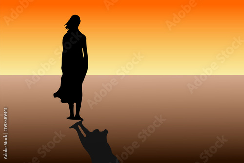 Silhouette of a woman standing on sandy ground during sunset. Minimalist vector illustration with warm gradient sky, calm mood, and dramatic lighting.