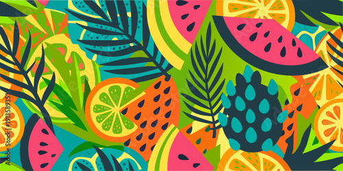Vibrant tropical fruit and leaf pattern with bold colorful shapes