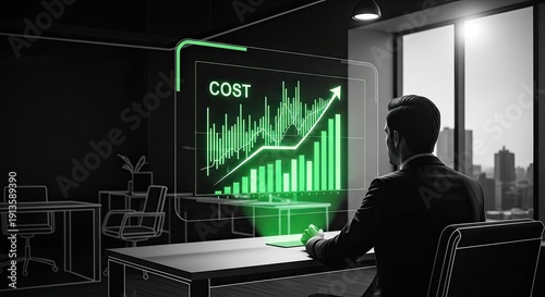 Businessman Analyzing Rising Costs and Financial Growth in a Modern Office.