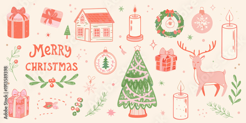 Festive christmas illustrations with gifts trees and holiday decorations