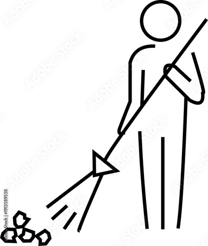 Simple outline illustration of a sanitation worker cleaning the ground with a sprayer or pressure washer. Minimal monochrome vector icon representing street cleaning, public sanitation, maintenance se