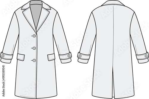 Long sleeve tailored overcoat technical drawing, front and back view, fashion outerwear template, cad drawing flat vector illustration, isolated garment design for production