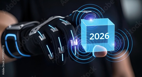 Futuristic Robotic Hand Interacting with a Holographic 2026 Cube.