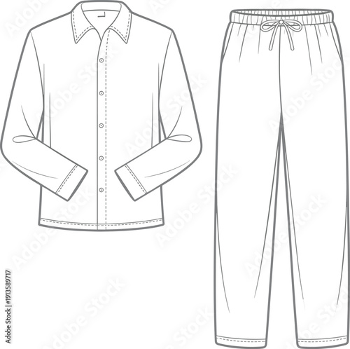 Men casual shirt and pants technical drawing, front view fashion apparel template, cad drawing flat vector illustration, isolated clothing set design for production