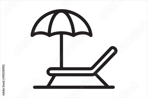 A simple black and white line drawing depicts a beach chair with an open parasol above it