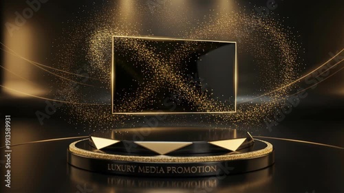 Luxury Black and Gold Podium with Rotating Rectangular Frame Surrounded by Golden Glitter Particles on Dark Background