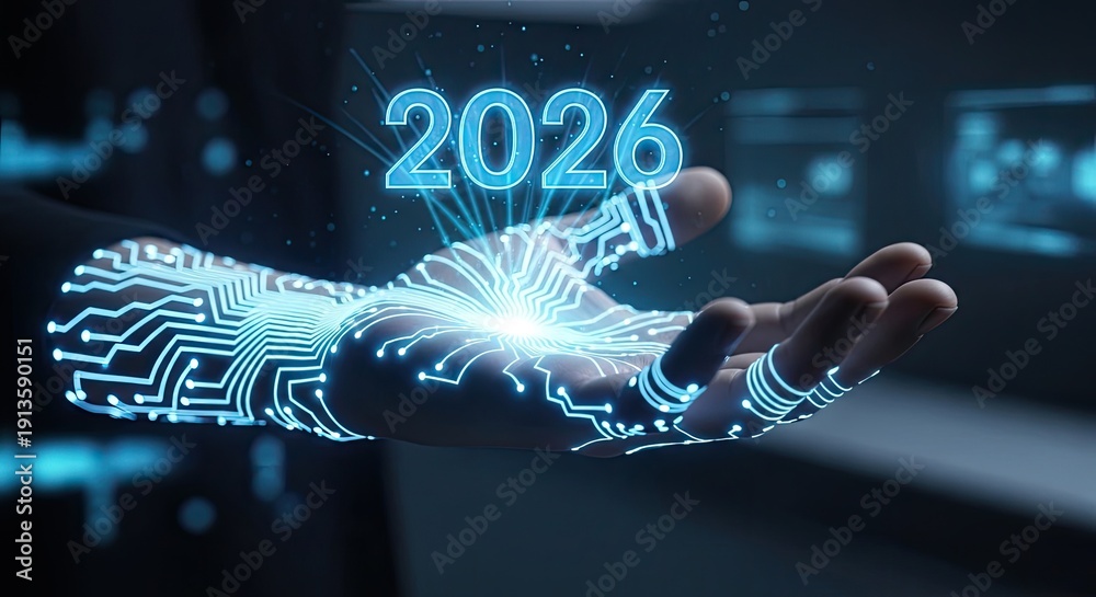Obraz premium Digital Hand with Circuitry and 2026 Text Representing Future Technology.