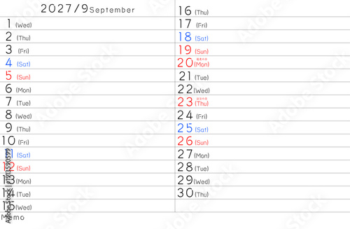 2027年シンプルカレンター　9月　曜日英語