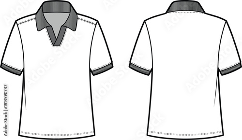 Short sleeve contrast collar polo shirt technical drawing, front and back view, fashion apparel template, cad drawing flat vector illustration for production