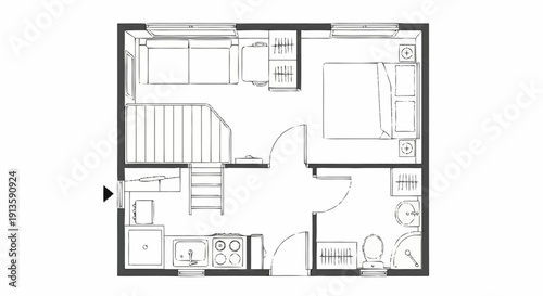 Detailed floor plan illustration of a compact house with kitchen, living room, and bedrooms from a top-down viewpoint
