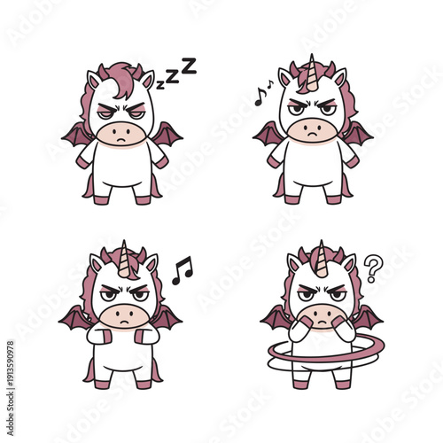 Cartoon unicorn expressing different emotions and activities in a minimalist style