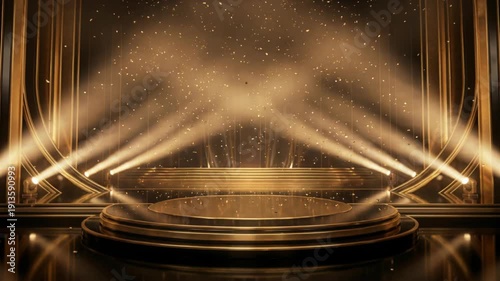 Luxury Gold Stage Background with Spotlights and Floating Golden Particles for Award Ceremony or Gala Event Presentation in Dark Setting