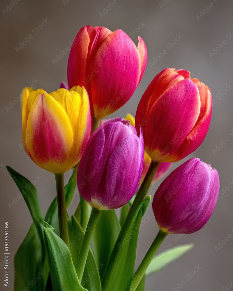 Fototapeta premium A close-up studio shot showcasing a colorful bouquet of tulips in full bloom.