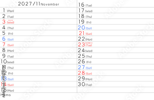 2027年シンプルカレンター　11月　曜日英語