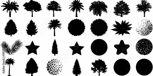 Collection of various black silhouettes depicting trees shrubs and geometric shapes