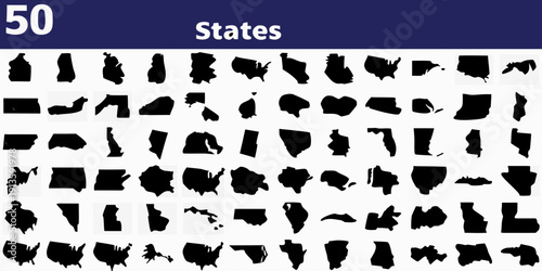 Fifty states of the united states presented as black silhouettes