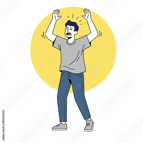 Concept of panic, high stress, and emotional outburst. Illustration of a man shouting in frustration, symbolizing anxiety, fear, or a loud protest in a modern minimalist flat design style.