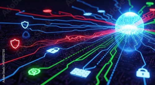 A glowing, futuristic circuit board with neon lights and symbols representing security and data protection.