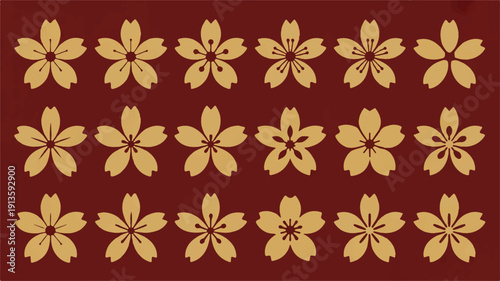 Stylized floral pattern featuring fifteen identical golden flowers on a dark red background, viewed from directly above