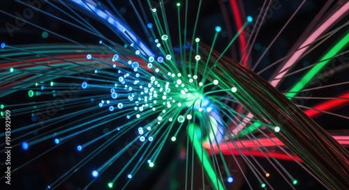 A colorful array of fiber optic cables and lights against a black background.