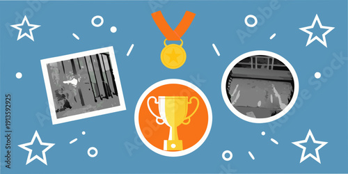 A golden medal trophy and framed photos against a blue background