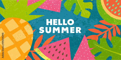 A vibrant summer illustration featuring tropical fruits and a cheerful greeting