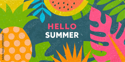 Tropical fruits and foliage with a summer greeting illustration