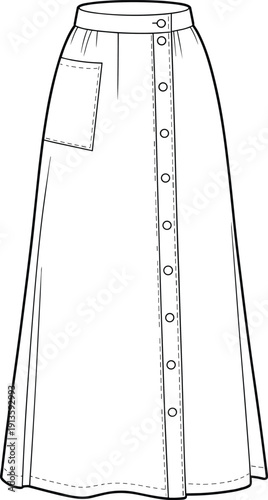 Womens button front A line maxi skirt with patch pocket detail, flat vector CAD drawing fashion technical apparel template illustration