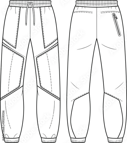 Women's jogger pants, front and back view, cad drawing flat vector illustration, sportswear bottom template, technical fashion sketch, elastic waistband, panel design outline