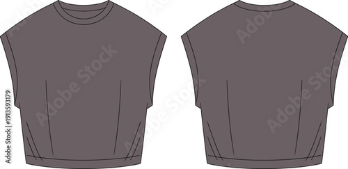 Women's oversized crop t shirt, front and back view, cad drawing flat vector illustration, fashion technical template, casual apparel design, minimal outline style concept