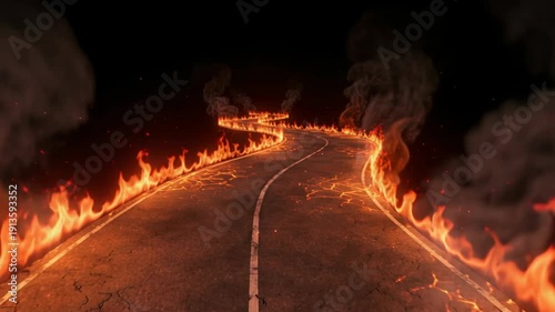 Surreal cracked asphalt highway engulfed in bright orange flames and smoke leading into darkness with glowing lava cracks on road surface
