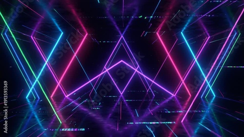 Vibrant Neon Geometric Tunnel With Glowing Magenta Cyan And Green Lines And Retro Digital Glitch Effects In A Dark Infinite Space
