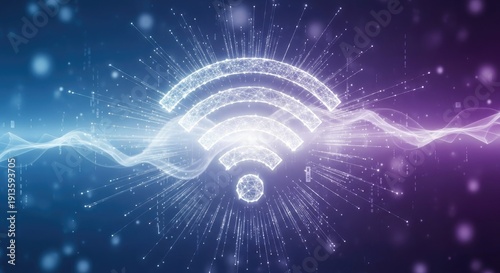 A glowing, futuristic Wi-Fi symbol against a gradient background with a glowing sphere in the center.