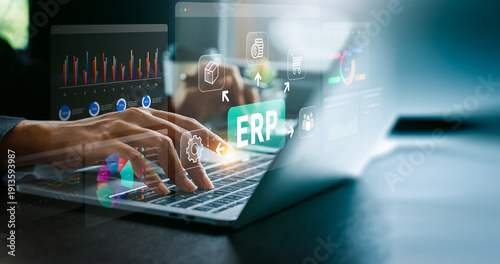 Konstfotografi Business professional working on enterprise resource planning system with digita