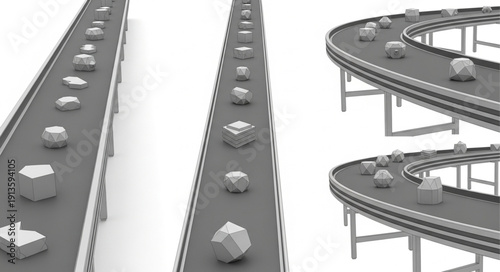 Automated conveyor belts carrying boxes in a factory setting.