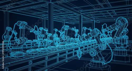 Automated Factory Assembly Line with Robotic Arms.
