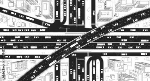 Aerial view of a busy highway intersection with traffic congestion.