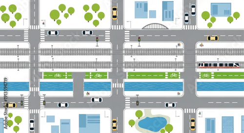 Aerial view of a city street intersection with traffic and buildings.